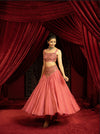 CANDY PINK FULL FLARED SKIRT SET WITH METAL EMBROIDERED BUSTIER & BELT