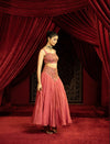 CANDY PINK FULL FLARED SKIRT SET WITH METAL EMBROIDERED BUSTIER & BELT