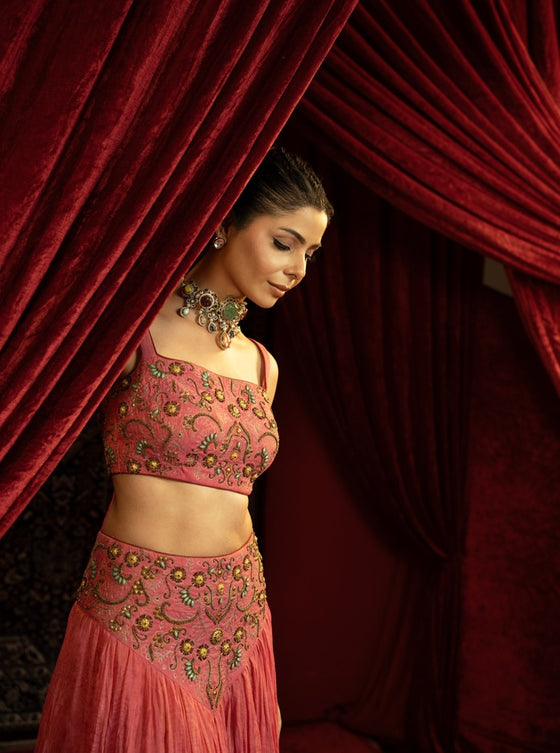 CANDY PINK FULL FLARED SKIRT SET WITH METAL EMBROIDERED BUSTIER & BELT