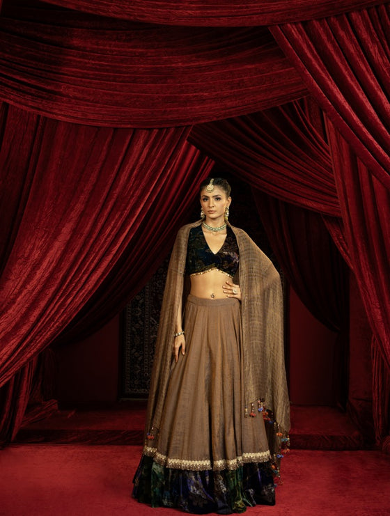 BROWN TISSUE LEHENGA WITH PRINTED VELVET BORDER, VELVET BLOUSE & STRIPED DUPATTA