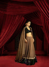 BROWN TISSUE LEHENGA WITH PRINTED VELVET BORDER, VELVET BLOUSE & STRIPED DUPATTA