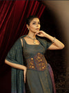 TEAL BLUE FISHCUT SKIRT WITH QUILTED BLOUSE, EMBROIDERED BELT & OMBRE DUPATTA