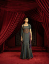 TEAL BLUE FISHCUT SKIRT WITH QUILTED BLOUSE, EMBROIDERED BELT & OMBRE DUPATTA