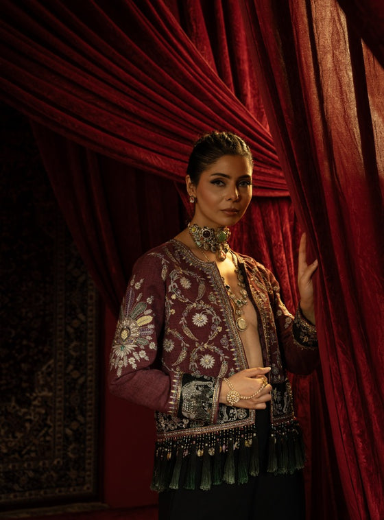 MAUVE EMBROIDERED SHORT JACKET WITH JEWEL BEADS & TASSELS PAIRED WITH BLACK FLARED PANTS
