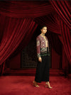 MAUVE EMBROIDERED SHORT JACKET WITH JEWEL BEADS & TASSELS PAIRED WITH BLACK FLARED PANTS