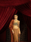 TAN BROWN FISHCUT LEHENGA WITH QUILTED BEADED BLOUSE AND STRIPED DUPATTA