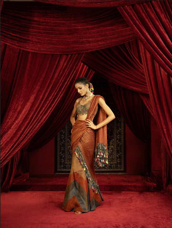 TAN BROWN FISHCUT LEHENGA WITH QUILTED BEADED BLOUSE AND STRIPED DUPATTA