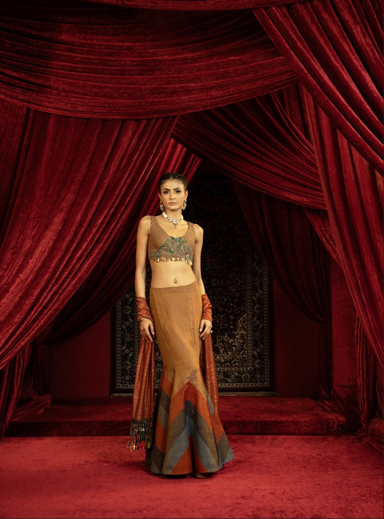 TAN BROWN FISHCUT LEHENGA WITH QUILTED BEADED BLOUSE AND STRIPED DUPATTA