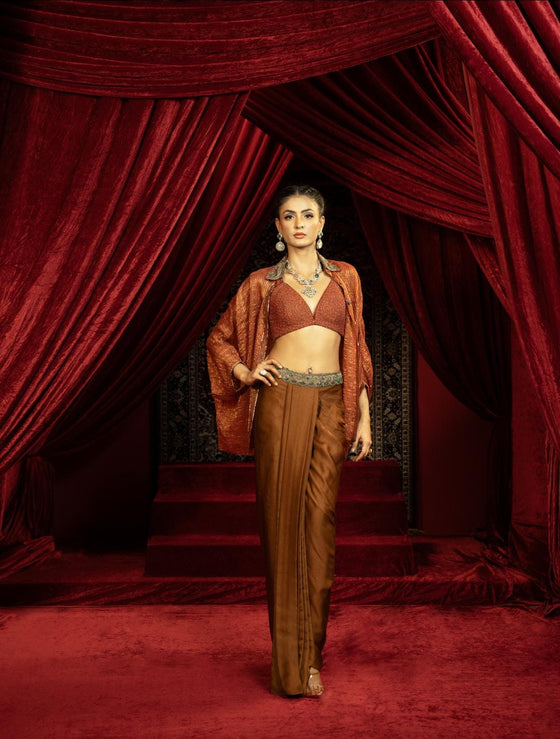 MOCHA MOUSSE DRAPE DHOTI SKIRT WITH RUST BOHO SHIRT