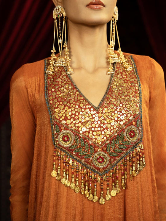TERRACOTTA RUST ANARKALI GOWN WITH GEOMETRIC HEMLINE