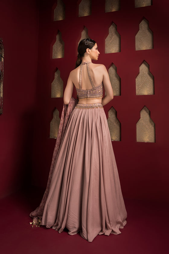 Embroidered Lehenga Set-Printed Dupatta Bcakview
