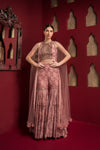 EMBROIDERED TOP AND PRINTED GARARA WITH LONG CAPE