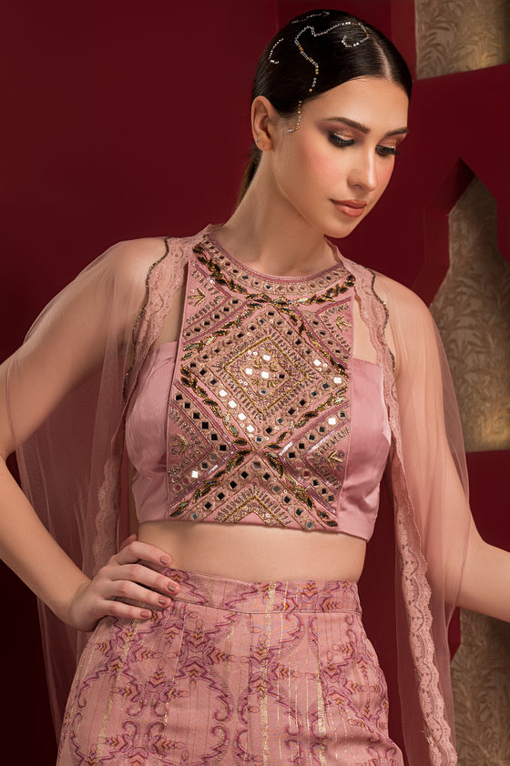 EMBROIDERED TOP AND PRINTED GARARA WITH LONG CAPE