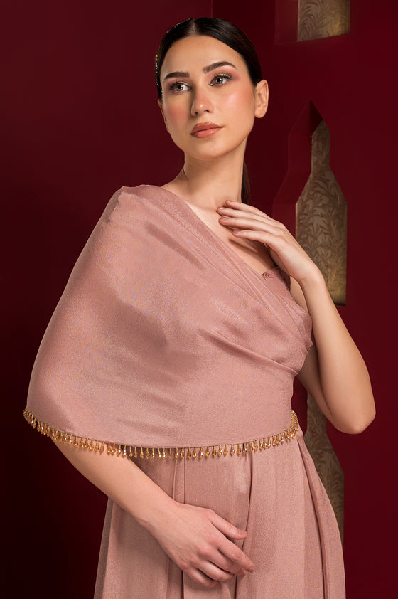 One side drape jumpsuit With one starp embroidered. Closeview
