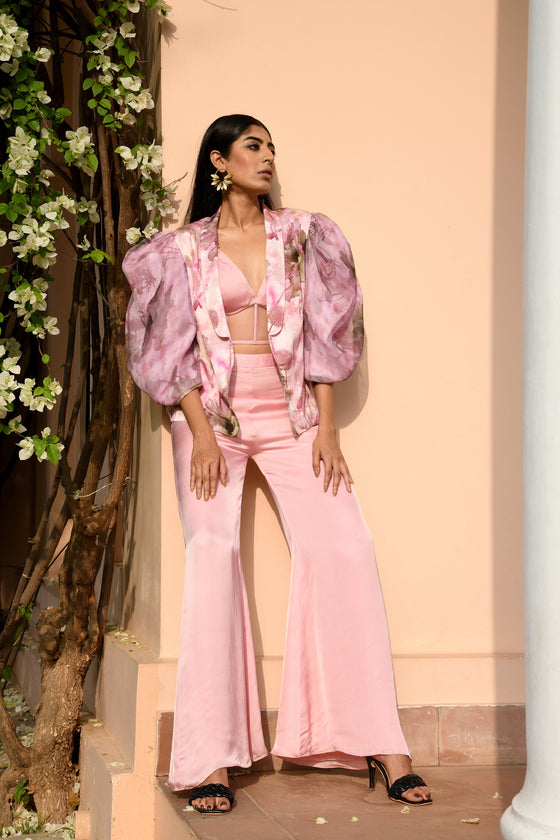 Bralette Top With Printed Jacket And Plazo set Frontview