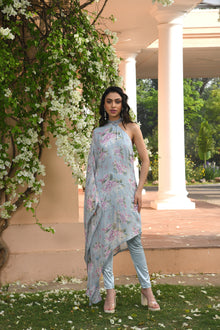  Blue Floral Printed Drape Dress Set Frontview