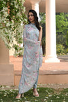 Blue Floral Printed Drape Dress Set
