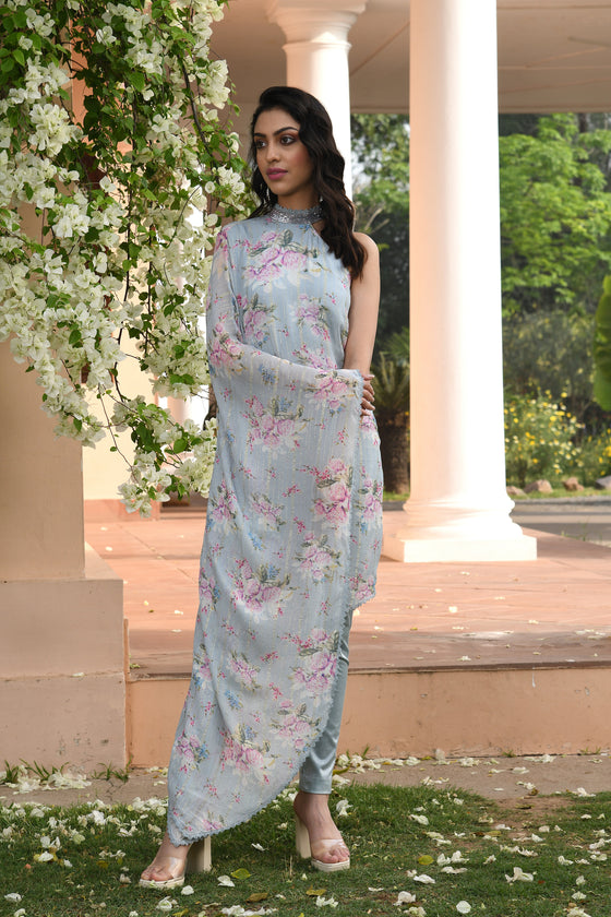 Blue Floral Printed Drape Dress Set