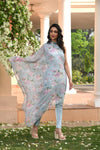 Blue Floral Printed Drape Dress Set
