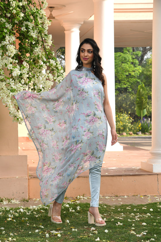 Blue Floral Printed Drape Dress Set