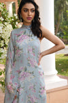 Blue Floral Printed Drape Dress Set closeview