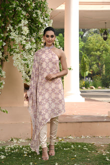  Peach Floral Printed Drape Dress Set FRontview