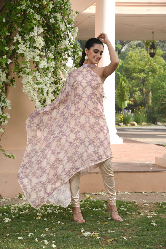 Peach Floral Printed Drape Dress Set FRontview