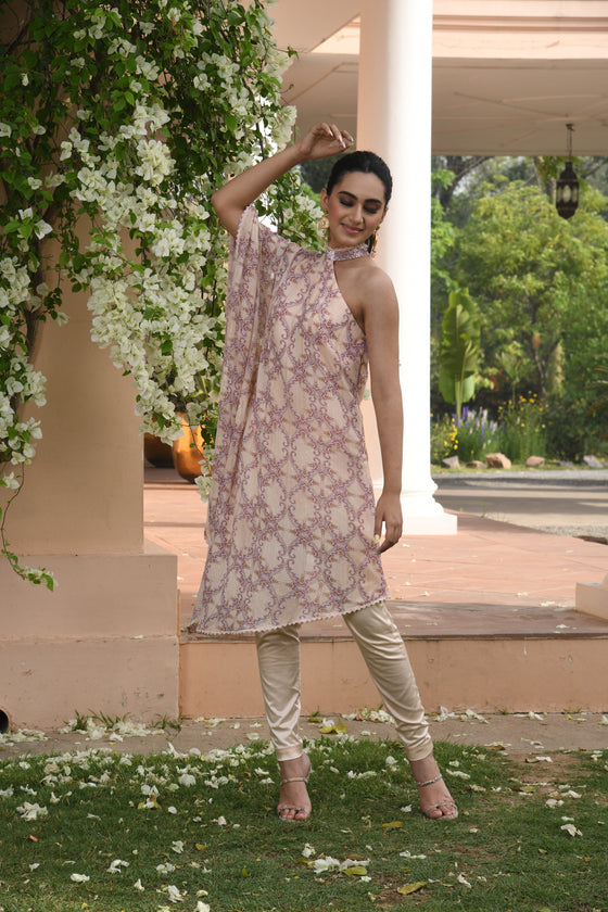 Peach Floral Printed Drape Dress Set FRontview