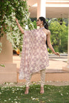 Peach Floral Printed Drape Dress Set FRontview