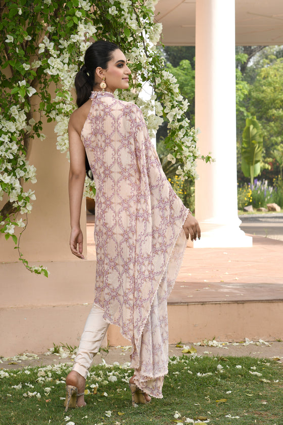 Peach Floral Printed Drape Dress Set backview