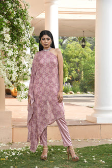  Pastel Pink Floral Printed Drape Dress Set