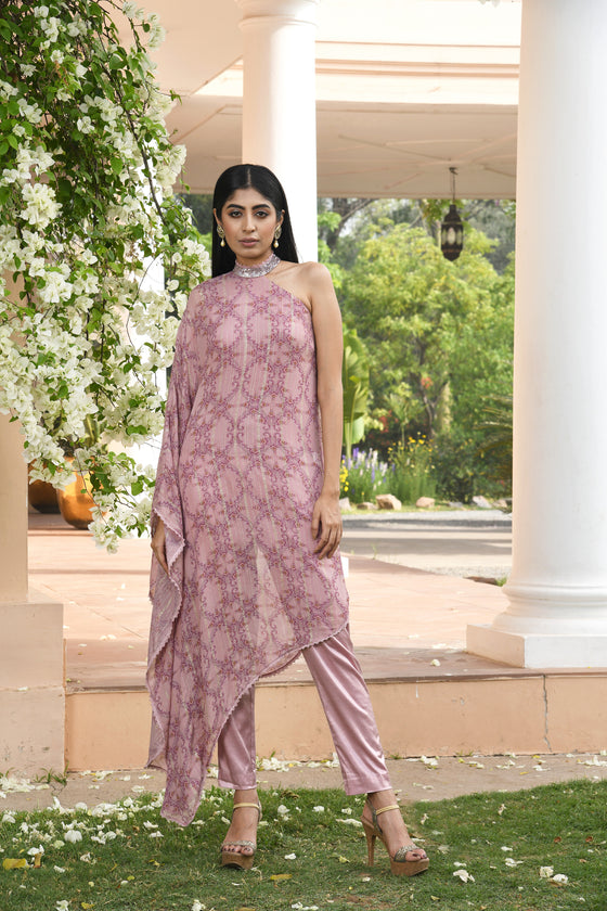 Pastel Pink Floral Printed Drape Dress Set