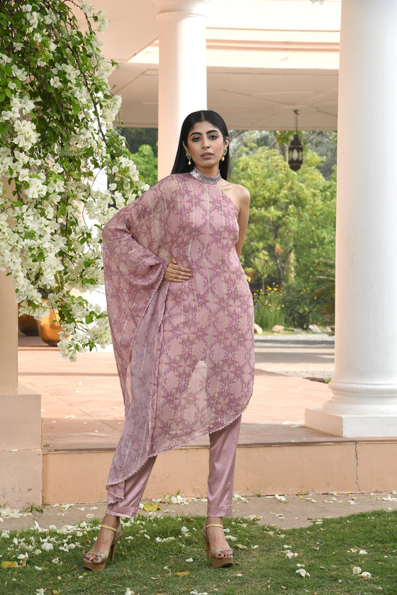 Pastel Pink Floral Printed Drape Dress Set