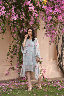  Aqua Blue Floral Kaftan Dress