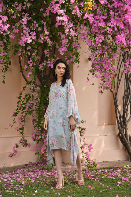 Aqua Blue Floral Kaftan Dress Frontview