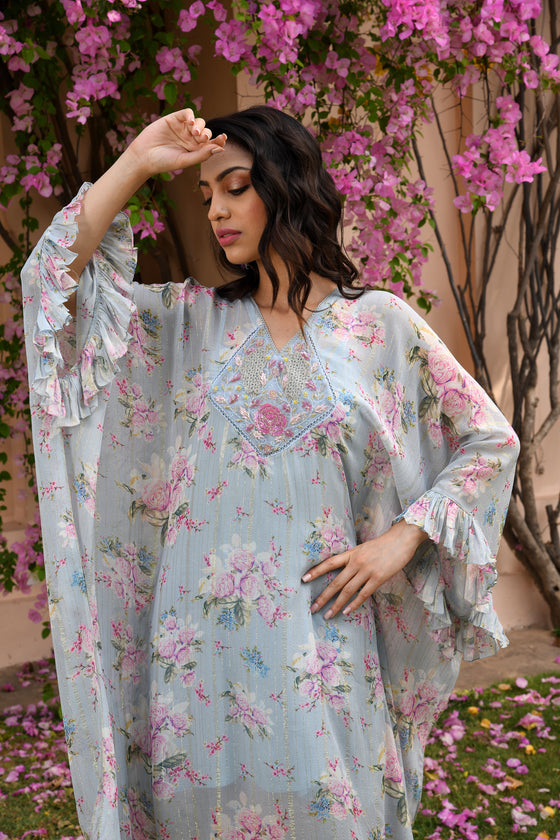 Aqua Blue Floral Kaftan Dress