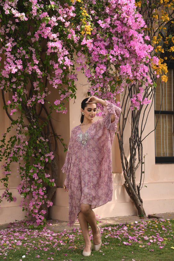 Shimmer Light Pink Floral Kaftan Dress