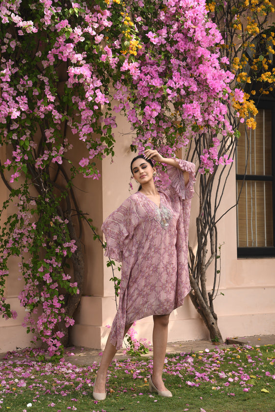 Shimmer Light Pink Floral Kaftan Dress