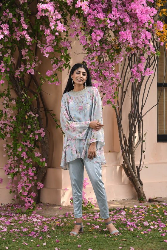 Women's Aqua Blue Floral Printed Boho Set Frontside