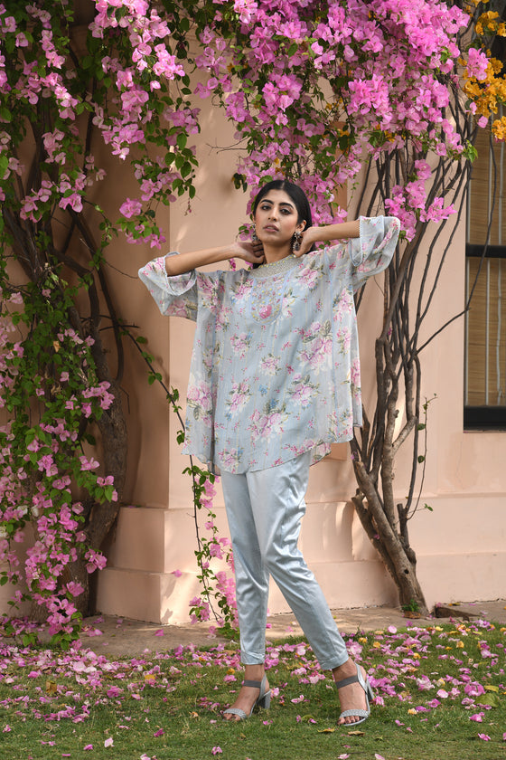 Women's Aqua Blue Floral Printed Boho Set