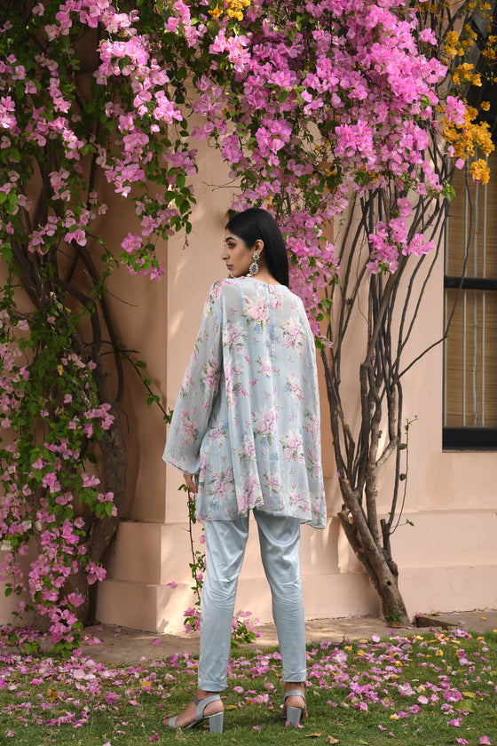 Women's Aqua Blue Floral Printed Boho Set Backview