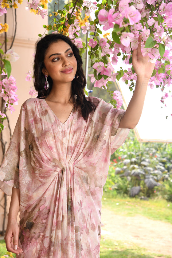 Light Pink printed Draped Kaftan Dress Closeview