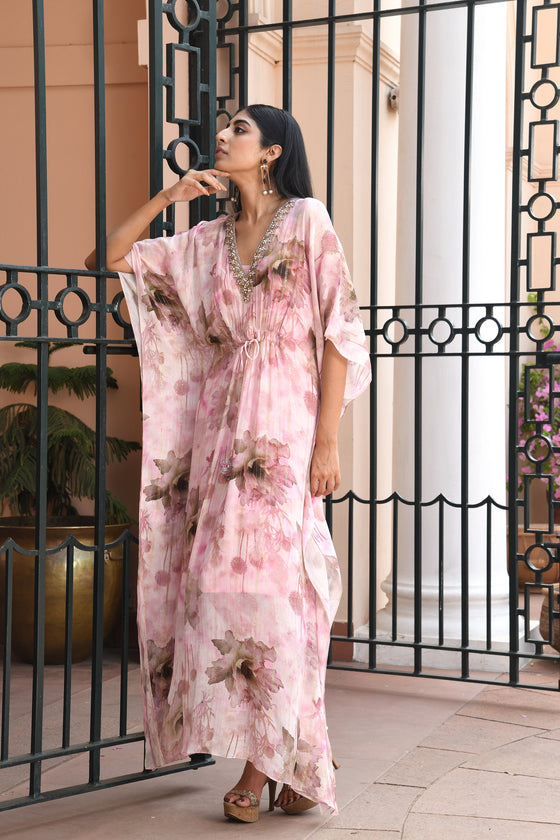 Light pink printed Long kaftan dress Sideview