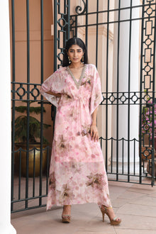 Light pink printed Long kaftan dress
