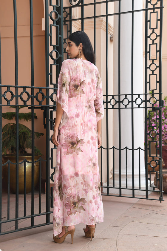 Light pink printed Long kaftan dress Backview