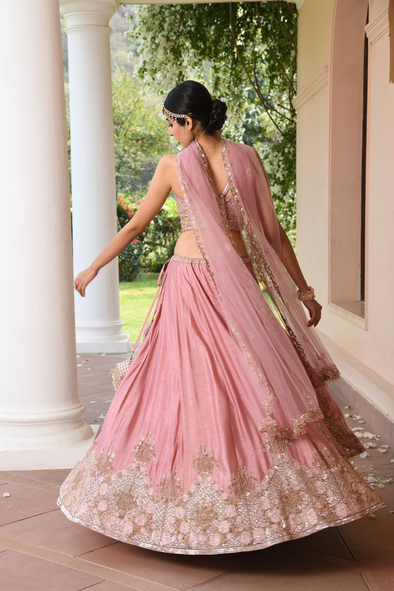 Onion pink Embroidered Lehenga Set Backview