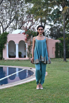  Women's Teal Biue Peplum Kurta and tulip pant