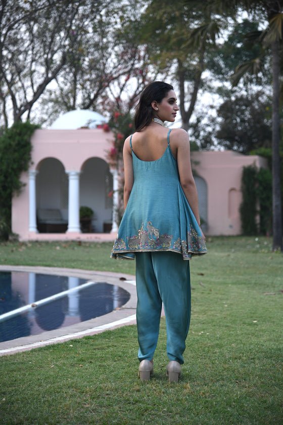Women's Teal Biue Peplum Kurta and tulip pant Backview
