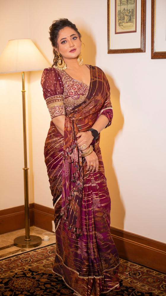 Lurex Satin Embroidered Printed Saree Set