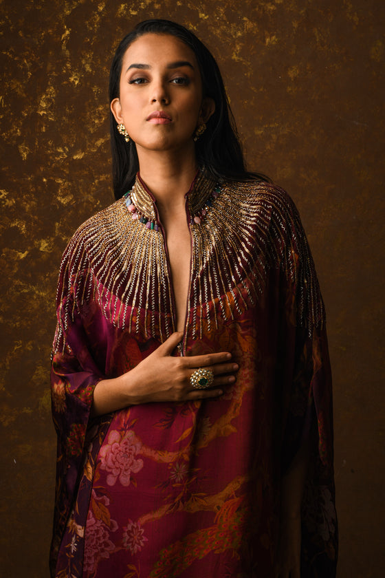 Long kaftan dress with band collar